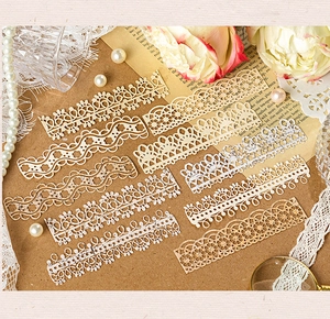 Macro view of laser-cut vintage lace paper borders with intricate floral and geometric patterns