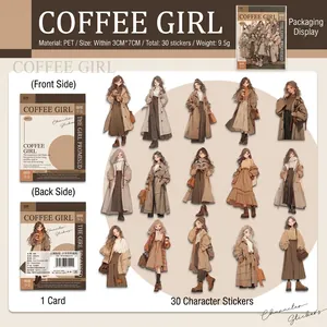 Lot de 30 autocollants PET Coffee Girl avec illustrations de personnages pour journalisme