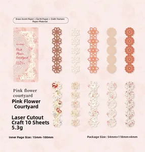 Macro shot of 10pcs laser-cut lace paper stickers with delicate floral hollow patterns