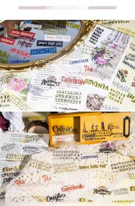 Macro detail of retro Gothic alphabet stickers applied on glass and vintage wood surfaces