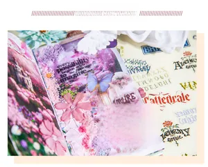 Close-up of vintage Gothic alphabet stickers and floral motifs on scrapbook paper