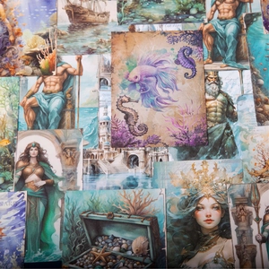 Retro Dreamy Undersea Story scrapbooking paper featuring Neptune and mermaid illustrations