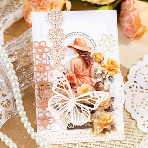 Vintage lace paper DIY material set with retro lady portrait and yellow rose floral art
