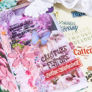 Retro Gothic alphabet sticker pack with butterflies and floral motifs for journaling