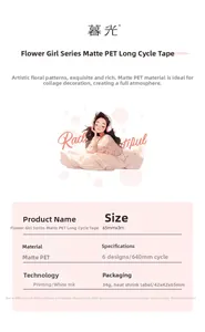Detail showing Flower Girl Series matte PET tape specifications and floral patterns