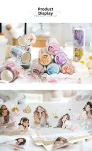 Detail of PET tape featuring matte floral girl illustrations for creative scrapbooking decor