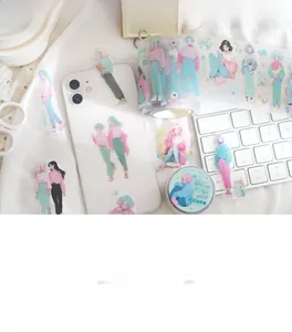 Artistic girl floral PET tape applied on phone case with soft aesthetic background