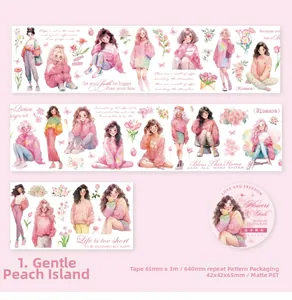 Detail of matte PET tape featuring floral girl illustrations and long pattern loops