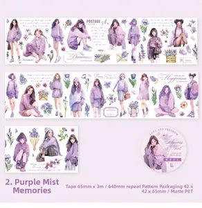 Detailed matte PET tape sample showing purple floral girl illustrations and specifications
