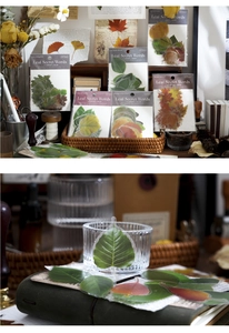 Detail view of 40pcs botanical PET leaf stickers used for vintage journaling and decor