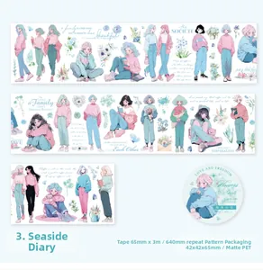 Detail of matte PET tape featuring anime girl and floral designs for scrapbooking decor