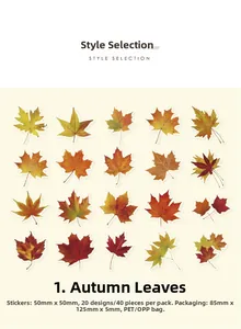 Detail view of 40-piece autumn maple leaf PET stickers with dimensions and patterns