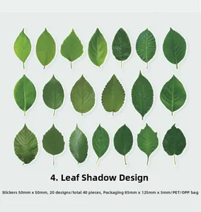 Detailed grid showing 20 unique green leaf PET stickers with visible vein textures