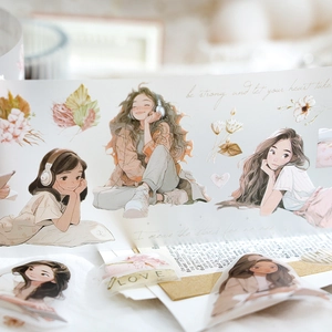 Floral girl PET tape with aesthetic illustration for scrapbooking and journal decoration