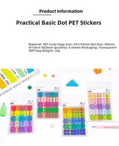 Detail view of PET dot stickers with 8mm/13mm/20mm sizes and specifications table
