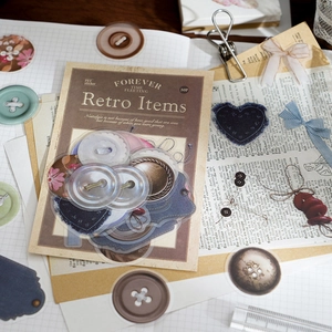 50pcs Retro Items PET sticker pack for scrapbooking featuring vintage buttons and heart tags