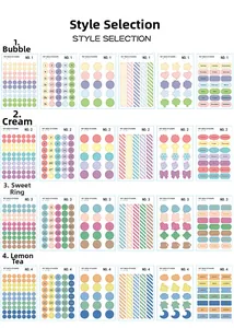 Detail of PET decorative stickers featuring colorful dots and geometric shapes in 4 styles