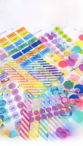 Macro detail of translucent PET macaron dot stickers with English dates for planners
