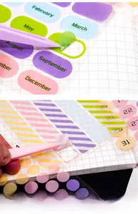 Detail showing transparent PET candy-colored dot stickers and date labels on grid paper