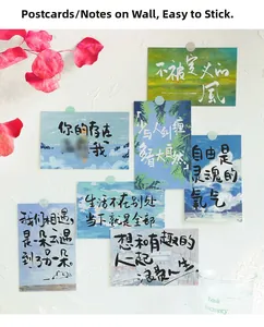 Artistic watercolor postcards and dot stickers displayed on a textured wall decor