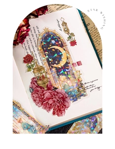 Dettaglio di adesivi PET laser con stampa a caldo dorata per decorazione scrapbooking