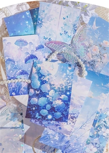 Λεπτομέρεια από μπλε floral χαρτιά scrapbooking με πεταλούδες και διακόσμηση από πέρλες