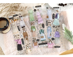 Détail d'autocollants PET avec illustrations de filles style forêt et citations motivantes