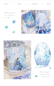 Λεπτομέρεια από ονειρικά χαρτιά scrapbooking με πεταλούδες και λουλουδάτα μοτίβα σε μπλε