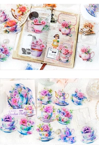 Pegatinas vintage Garden Party con tazas florales y detalles para scrapbooking y DIY