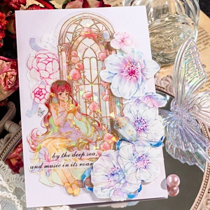 Adesivi olografici per segnalibri con ragazza anime e fiori per decorazioni journaling