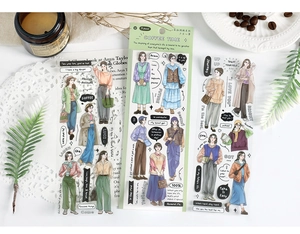 Détail de trois autocollants en PET avec des illustrations de filles sur le thème du café