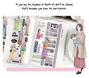 Détail d'autocollants PET avec illustrations de mode et filles stylées pour scrapbooking