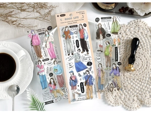 Mise à plat de stickers PET mode vintage avec café et décorations de fleurs séchées