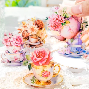 Pegatinas De PET Vintage Garden Party Taza De Té Floral Calcomanías De Bricolage Para Diario Planificador Papelería Arte