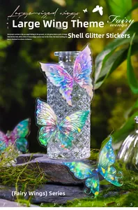 Macro detail of large iridescent elf wing stickers with shell luster on a glass bottle