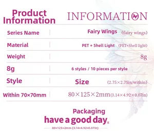 Detailed product specifications for PET shell light fairy wings scrapbooking stickers