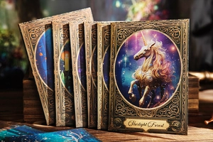 Nahaufnahme der Starlight Forest DIY-Sammelalbumkarten mit goldenen Rebenmustern