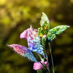 Detailed macro of large iridescent PET butterfly wing stickers with laser finish
