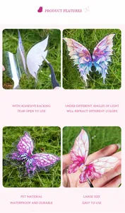 Detailed view of iridescent PET butterfly stickers with waterproof coating and adhesive back