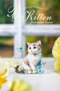 Detail of shell luster kitten sticker showing rainbow effects and cat playing with butterflies