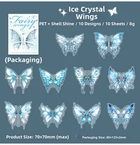 Macro view of blue fairy wings PET stickers with shell luster effect for journaling