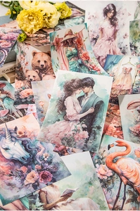 Flachbild von Vintage-Aquarell-Sammelalbumkarten mit Blumen und Kunstthemen