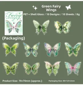 Detail of green PET butterfly wing stickers with shell light luster finish for DIY crafts