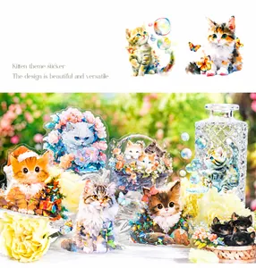 Detail of waterproof cat stickers with watercolor flowers and creative artistic designs