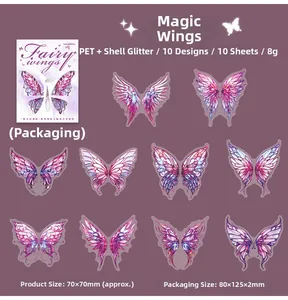 Macro detail of large iridescent PET butterfly wing stickers with shell light finish
