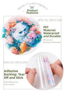 Waterproof PET stickers with cat and floral motifs showing adhesive back and water droplets