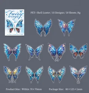 Detailed macro of PET butterfly wing stickers with shimmering iridescent shell light effect