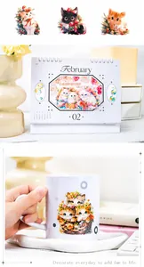Detail showing cat stickers with shell luster effect on calendar and ceramic cup