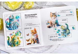 Watercolor cat stickers with shell light effect and English quotes on grid notebook