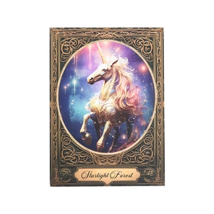 Retro-Notizbuch Starlight Forest mit goldenem Einhorn und magischer Sternenwald-Illustration